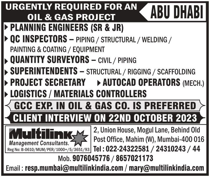 URGENTLY REQUIRED FOR AN OIL & GAS PROJECT ABU DHABI