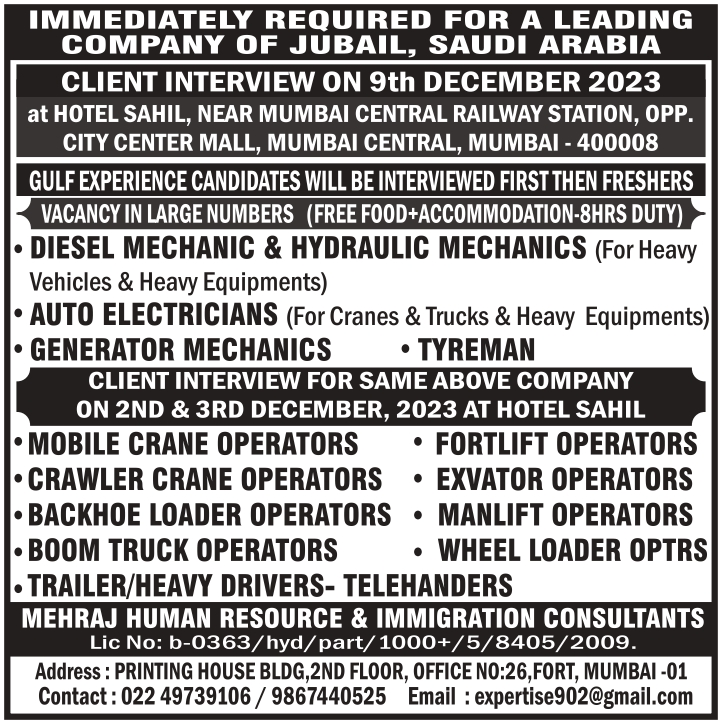 IMMEDIATELY REQUIRED FOR A REPUTED COMPANY OF JUBAIL, SAUDI ARABIA