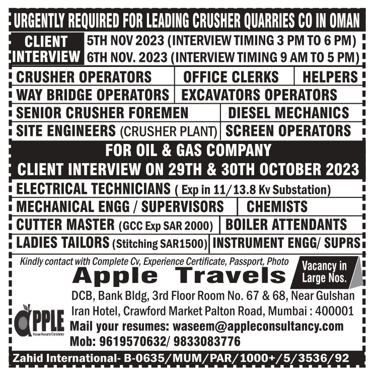 URGENTLY REQUIRED FOR LEADING CRUSHER QUARRIES CO IN OMAN