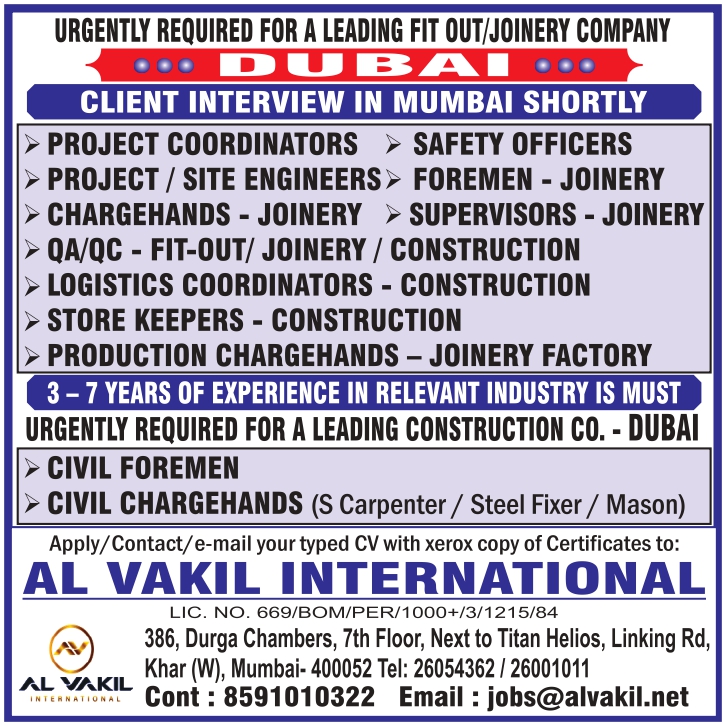 URGENTLY REQUIRED FOR A LEADING FIT OUT/JOINERY COMPANY DUBAI