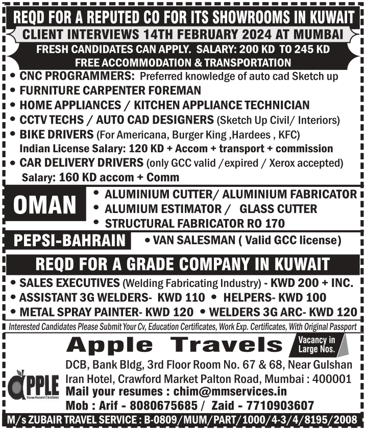 REQUIRED FOR A REPUTED CO FOR ITS SHOWROOMS IN KUWAIT