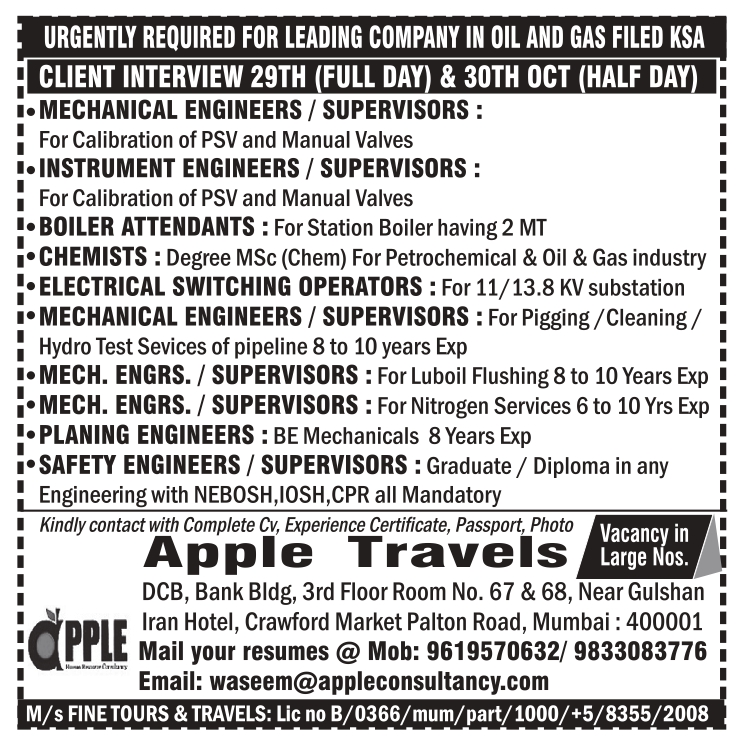 URGENTLY REQUIRED FOR LEADING COMPANY IN OIL AND GAS FILED KSA