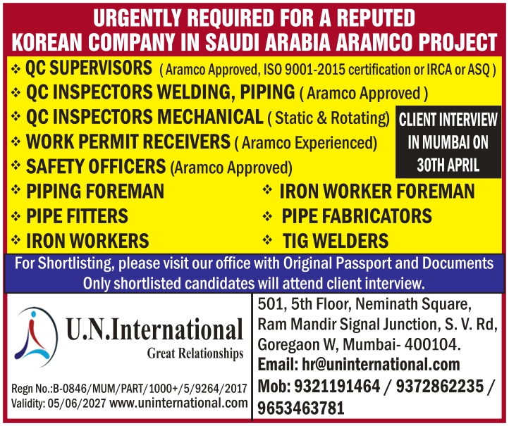 URGENTLY REQUIRED FOR A REPUTED KOREAN COMPANY IN SAUDI ARABIA ARAMCO PROJECT