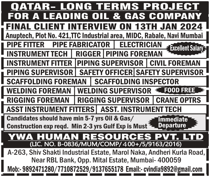 URGENTLY REQUIRED FOR A LEADING OIL & GAS COMPANY IN QATAR