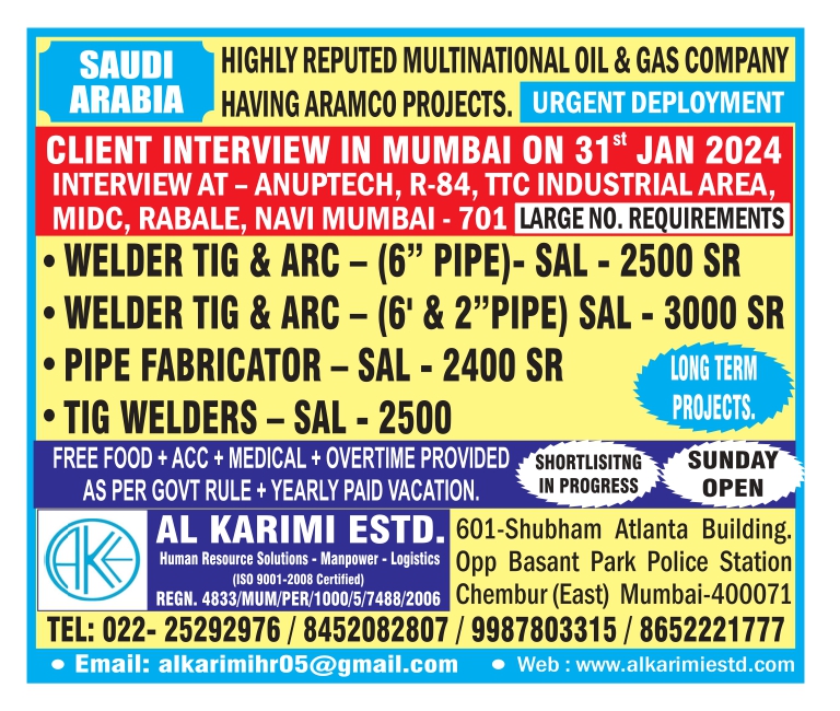 URGENTLY REQUIRED FOR HIGHLY REPUTED MULTINATIONAL OIL & GAS COMPANY IN SAUDI ARABIA