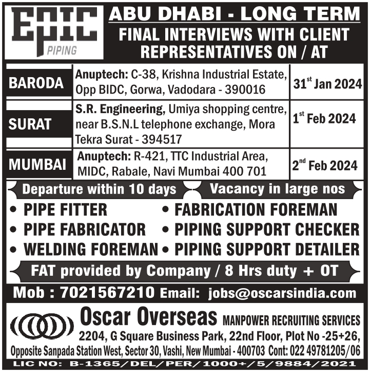 URGENTLY REQUIRED FOR A LONG TERM PROJECT IN ABU DHABI-UAE